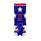 Blue socks with stars and text.