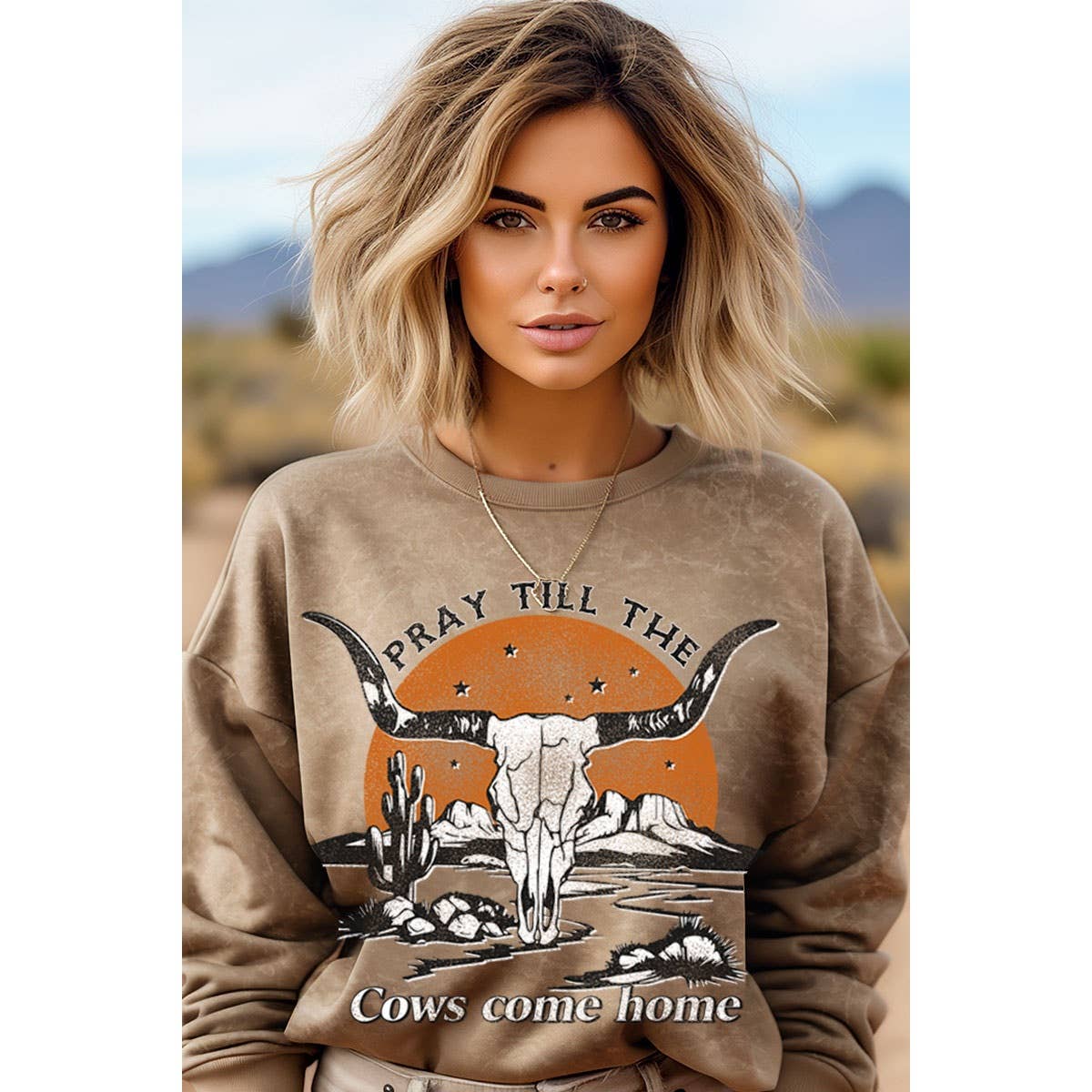 Woman in Pray Till The Cows Come Home shirt