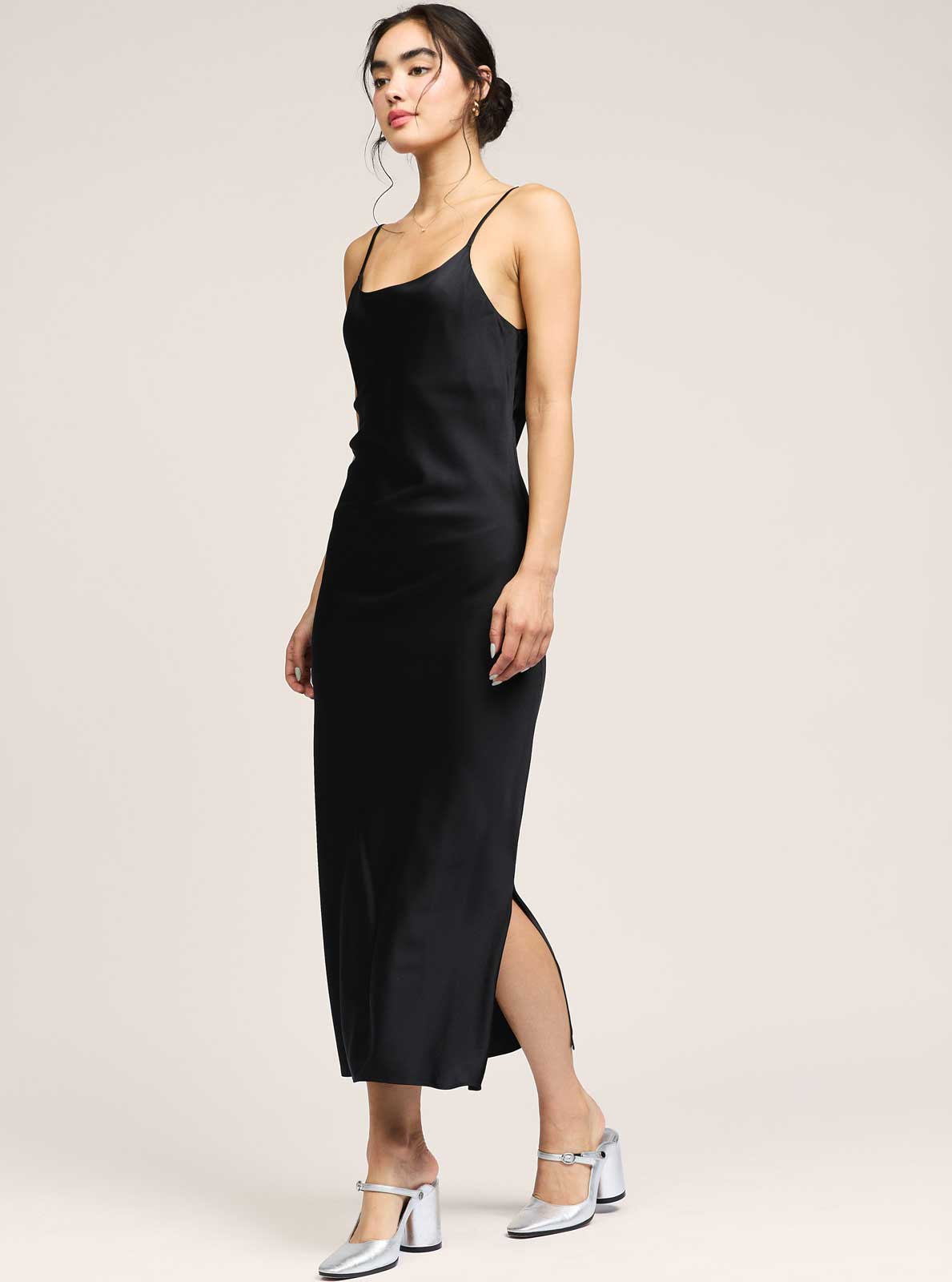 Black Silk Cami Midi Slip Dress