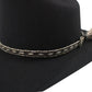 Black cowboy hat with decorative band.