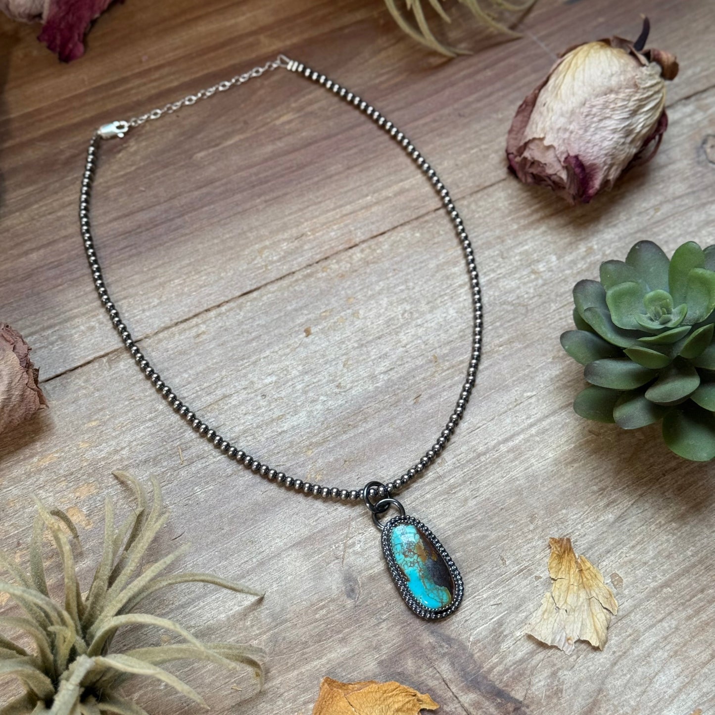 FREE Sterling Silver Pearl Necklace + MJ Long Oval Turquoise Pendant
