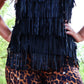 Black fringe top with leopard print pants