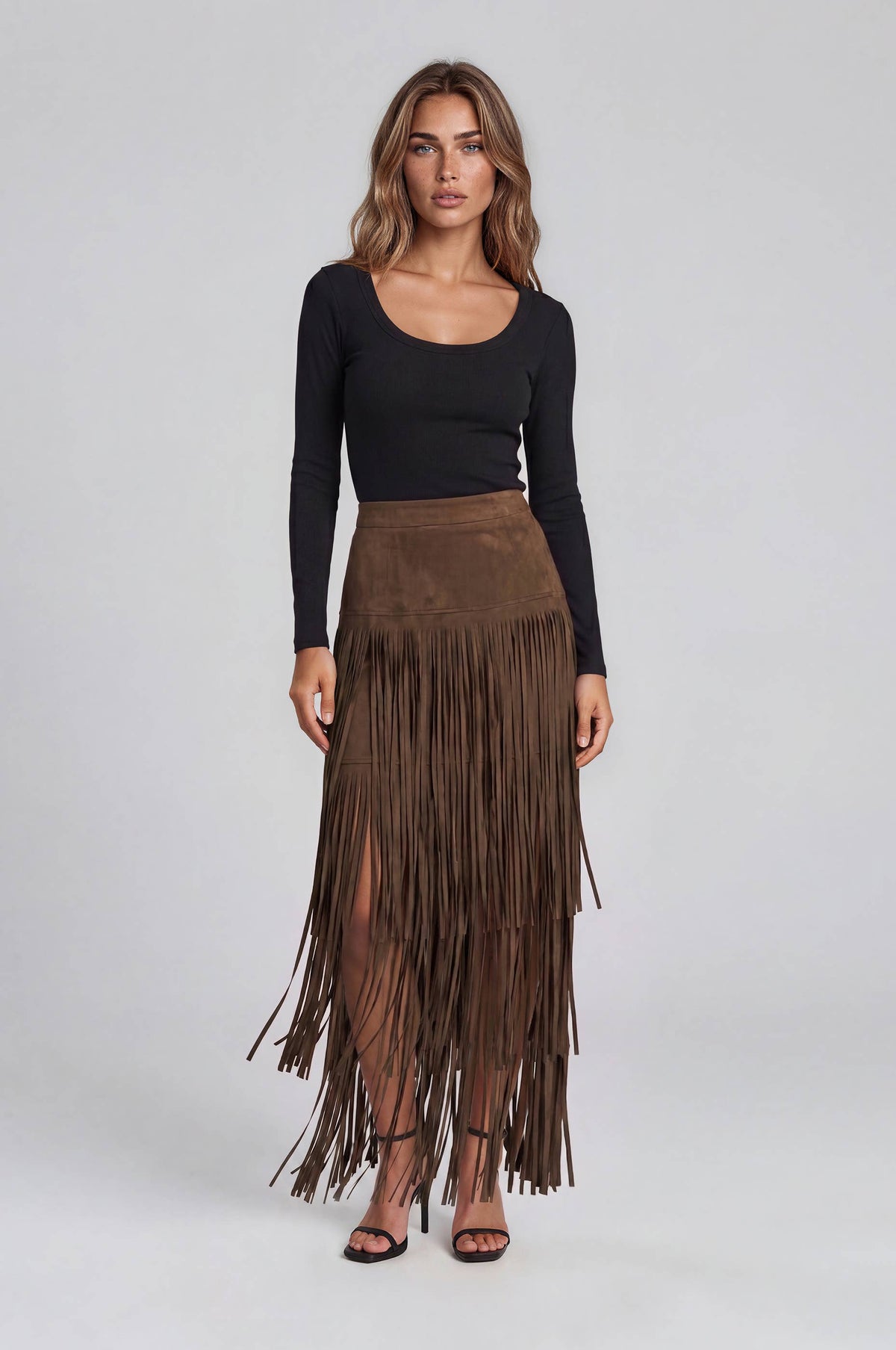 Faux Suede Fringe Western Midi Skirt