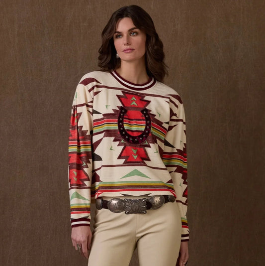 Woman wearing Sidekick Top with Native American design