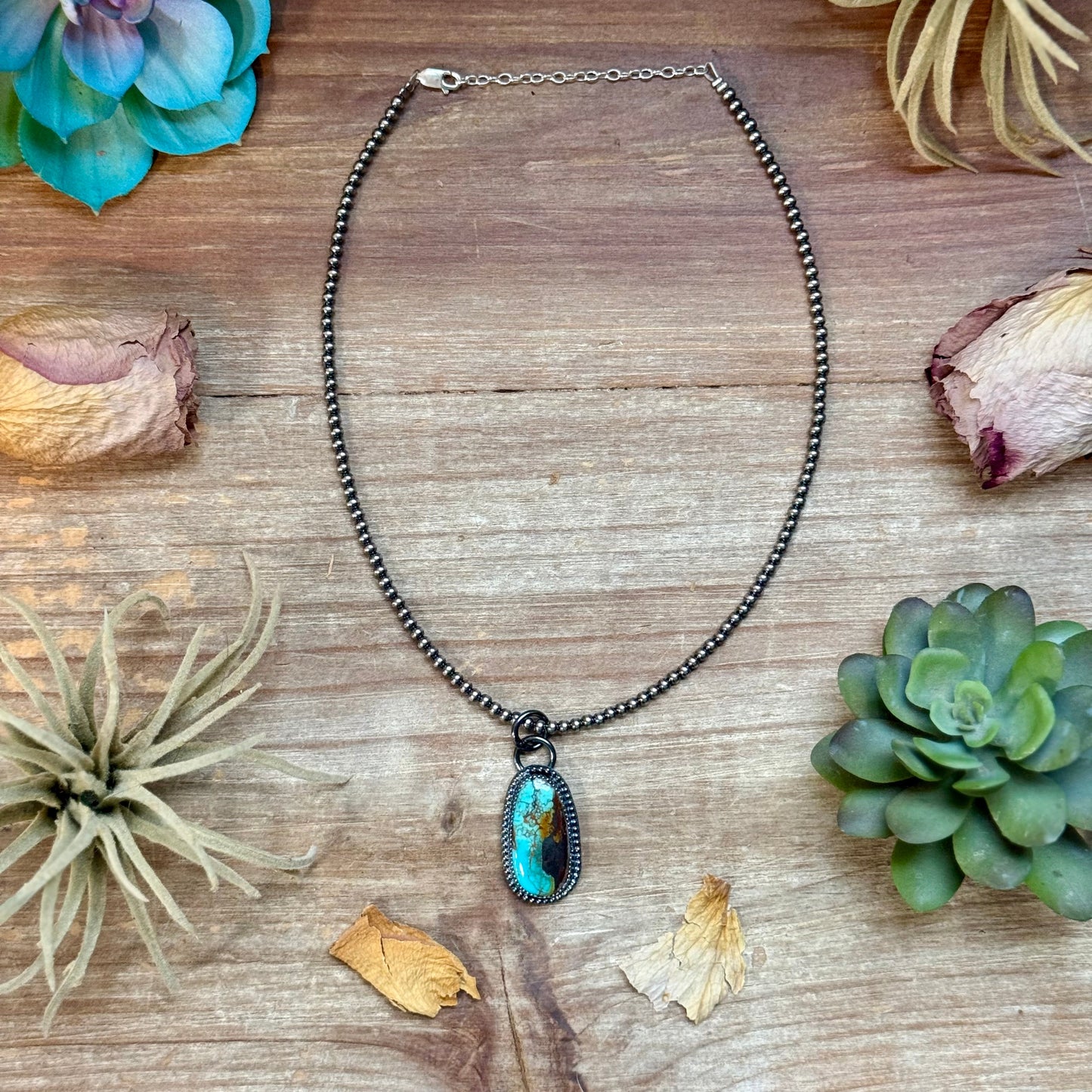 FREE Sterling Silver Pearl Necklace + MJ Long Oval Turquoise Pendant