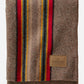 Brown blanket with red, yellow, and blue stripes.