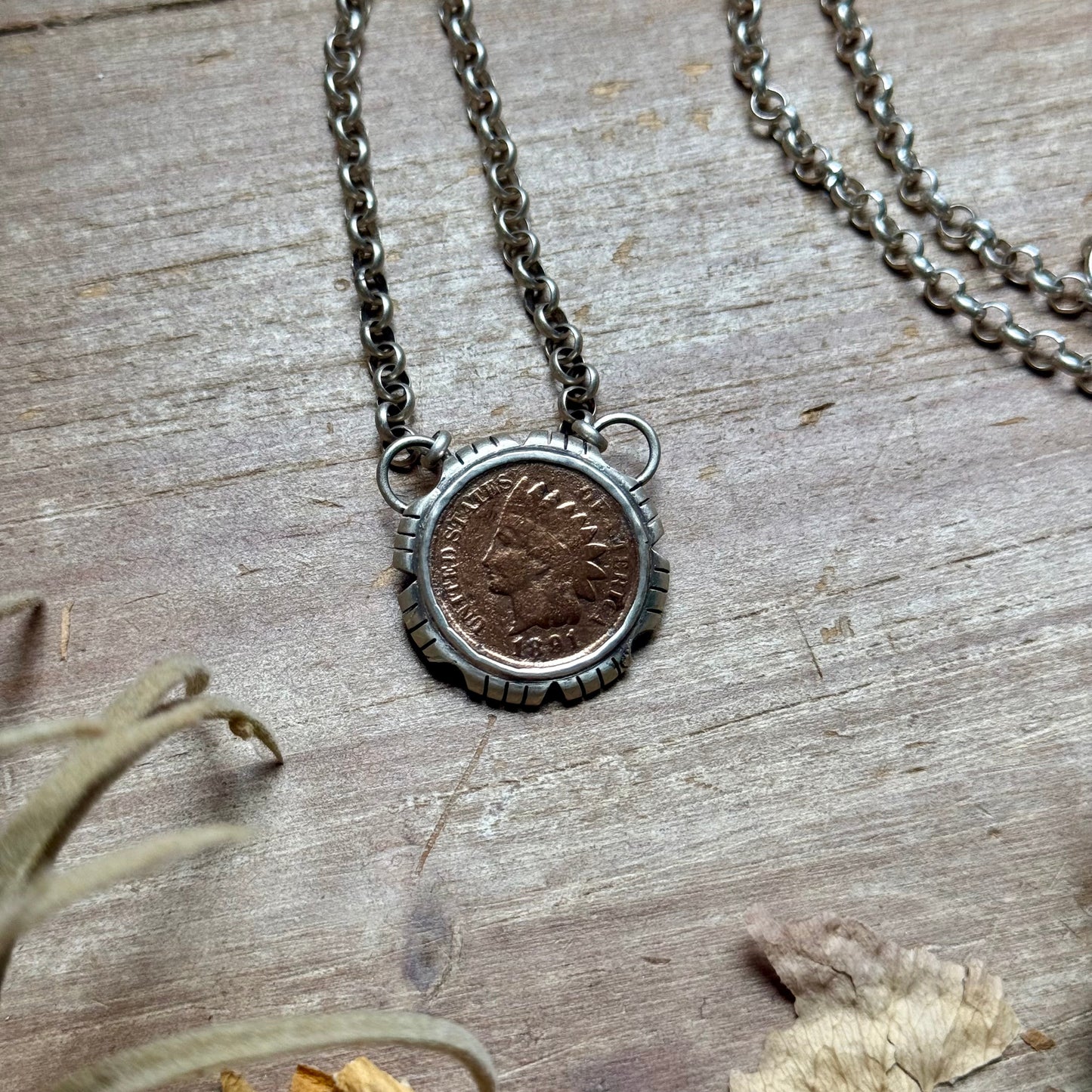 91 - Sterling Silver Indian Head Penny Hand-Filed Frame Fixed Chain Necklace by Jason Ogg