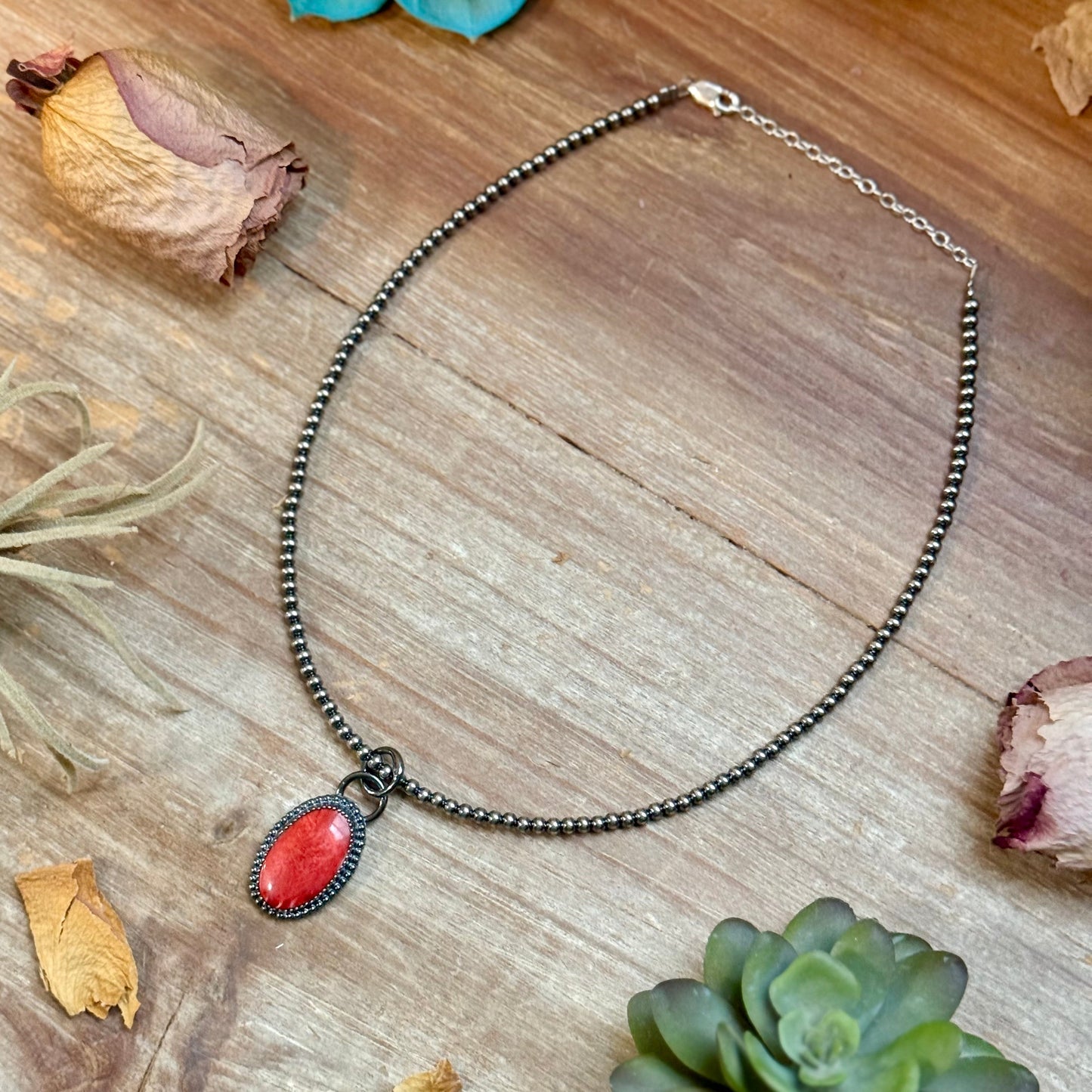 FREE Sterling Silver Pearl Necklace + MJ Oval Red Spiny Oyster Pendant