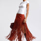 Faux Suede Fringe Maxi Skirt - Rust