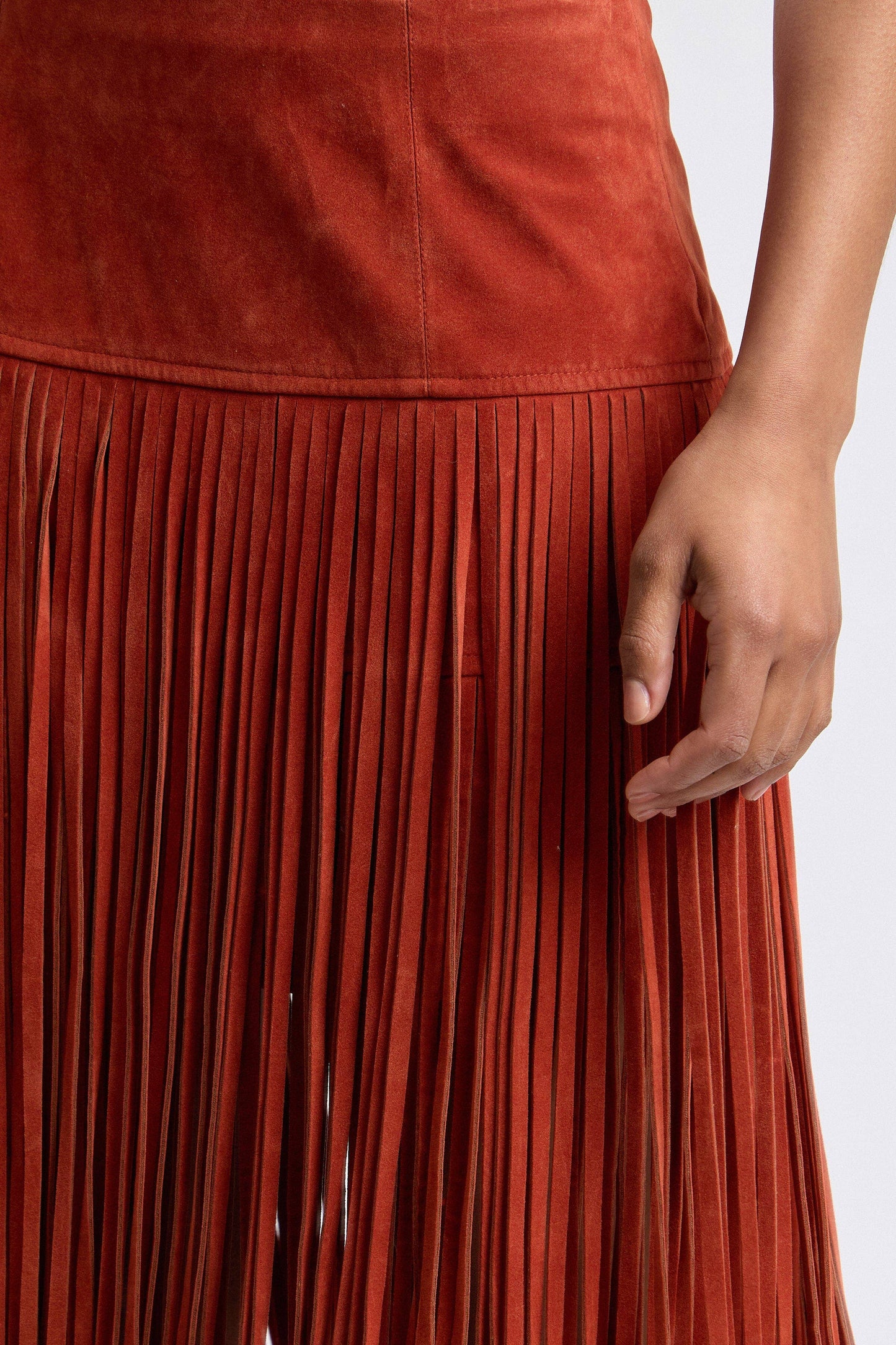 Faux Suede Fringe Maxi Skirt - Rust