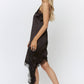 Lace Trim Asymmetrical Hem Satin Midi Dress in Black