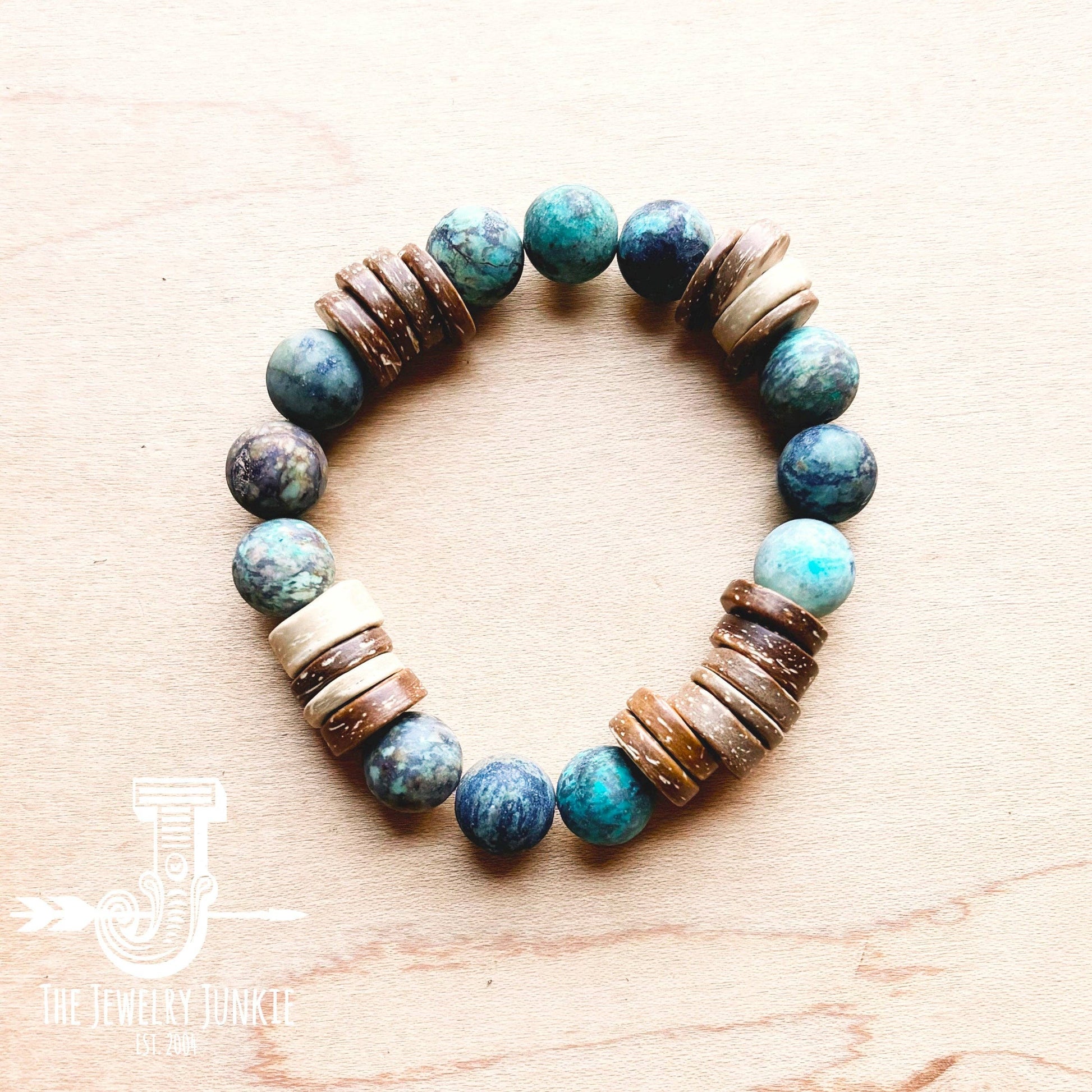 Beaded bracelet with wood and turquoise beads.