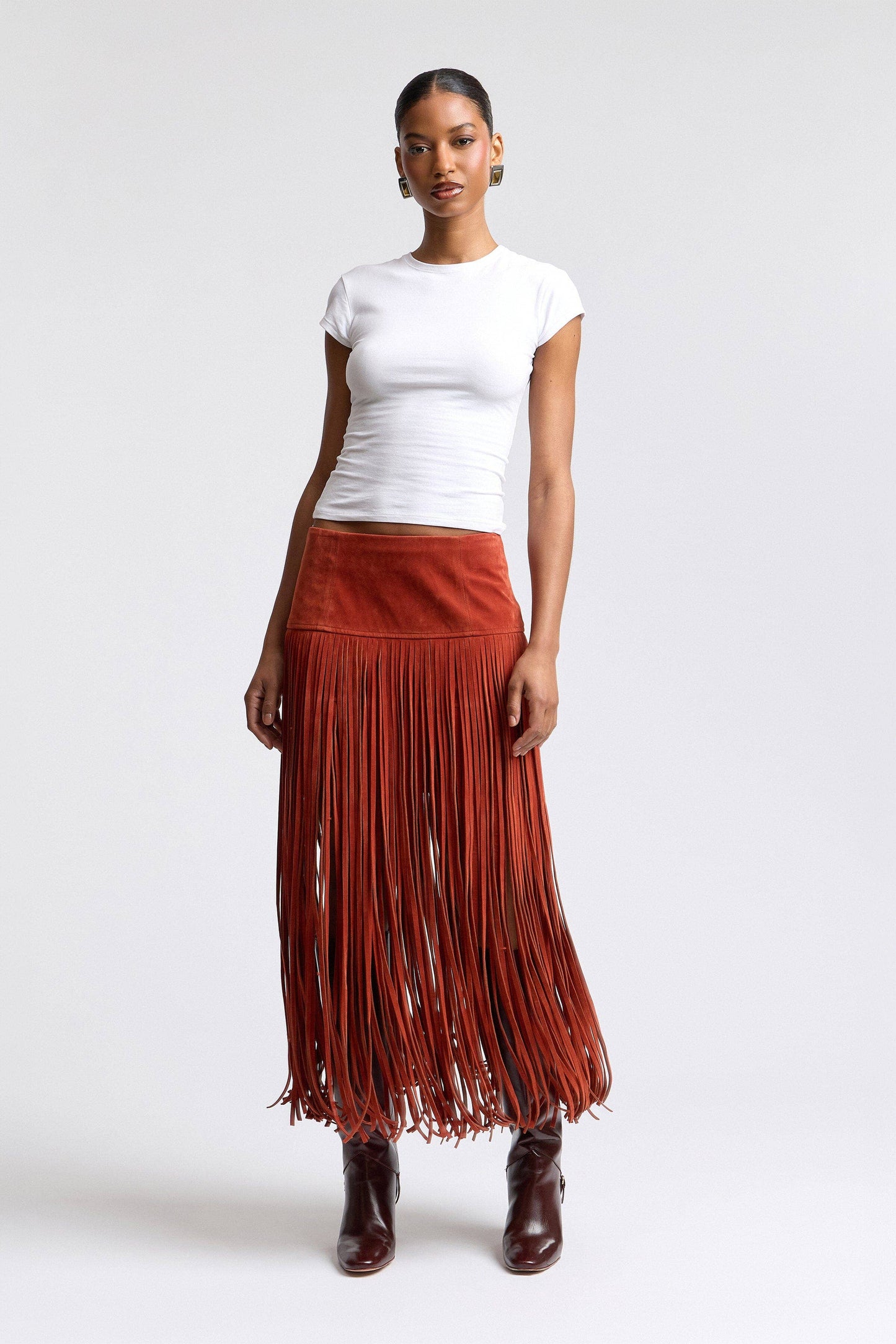 Faux Suede Fringe Maxi Skirt - Rust