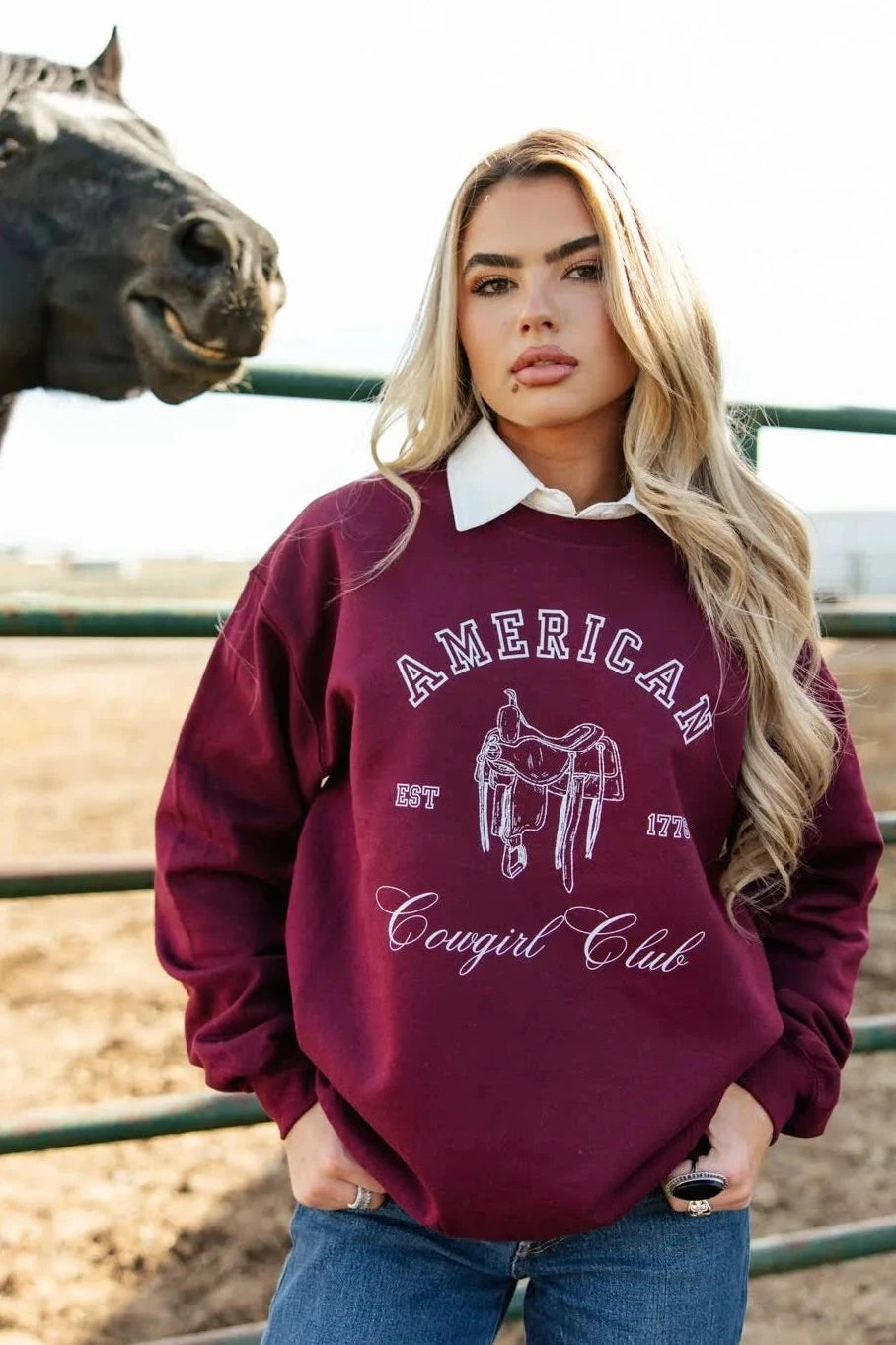 American Cowgirl Club Pullover Sweatshirt - Maroon