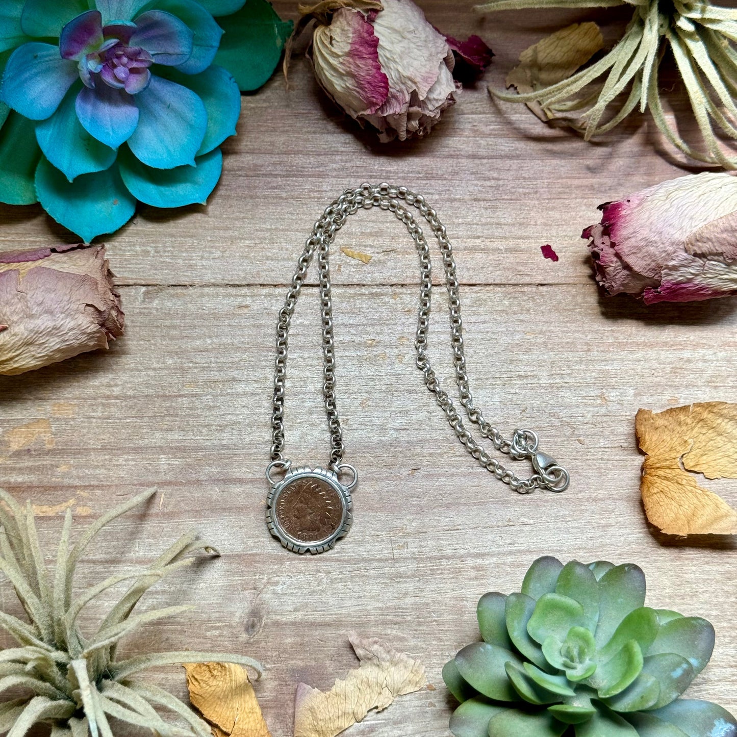 91 - Sterling Silver Indian Head Penny Hand-Filed Frame Fixed Chain Necklace by Jason Ogg