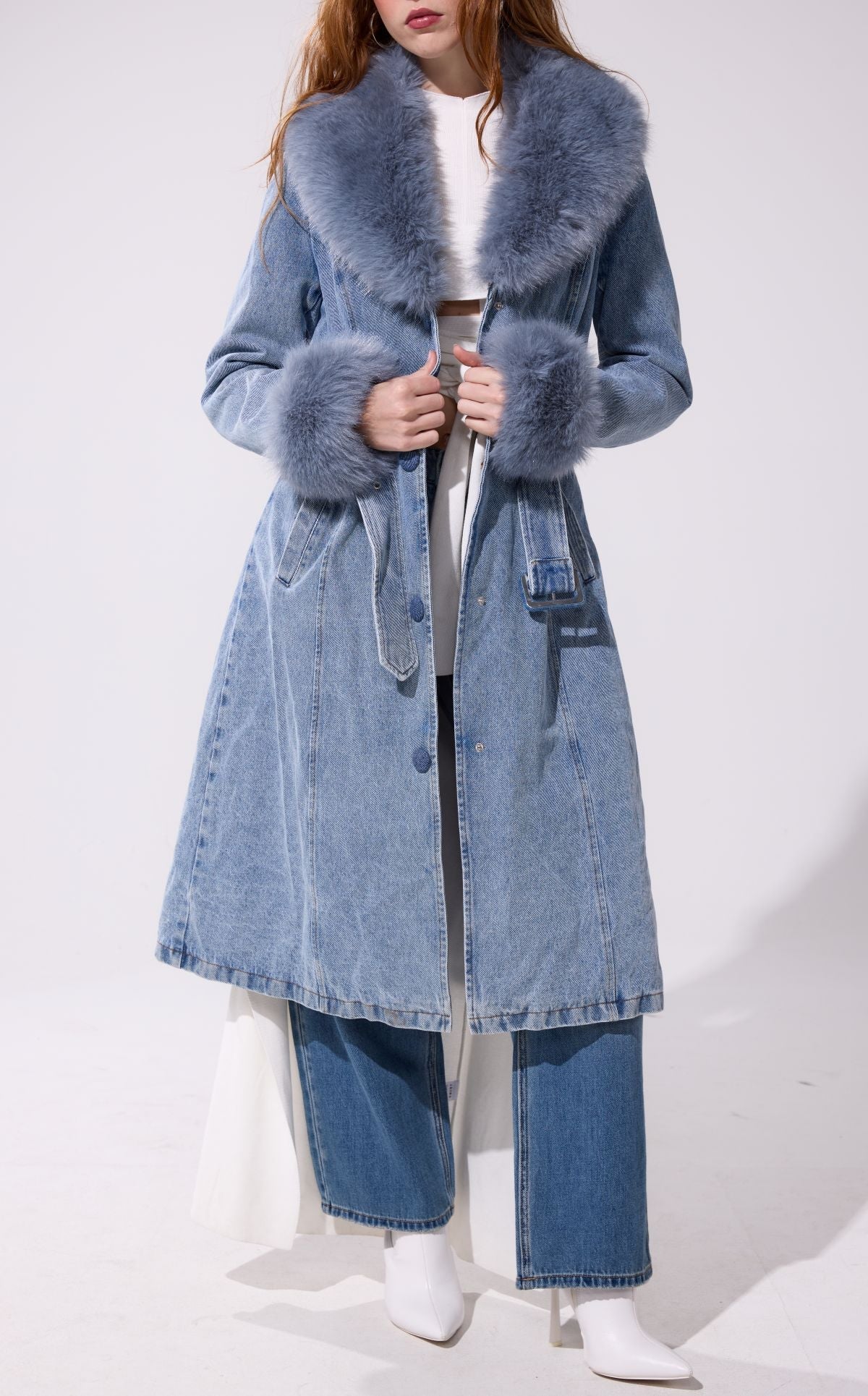 Kaya Denim Faux Fur Trench Coat