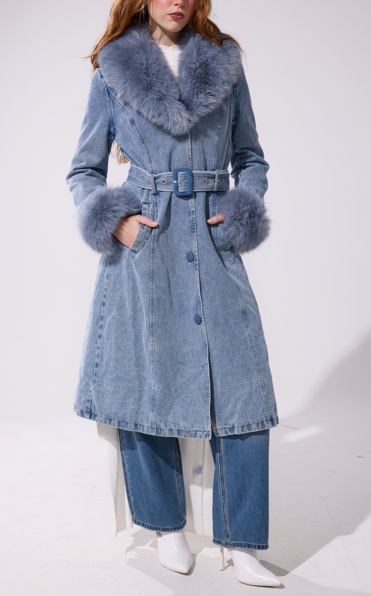 Kaya Denim Faux Fur Trench Coat