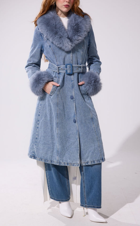 Kaya Denim Faux Fur Trench Coat