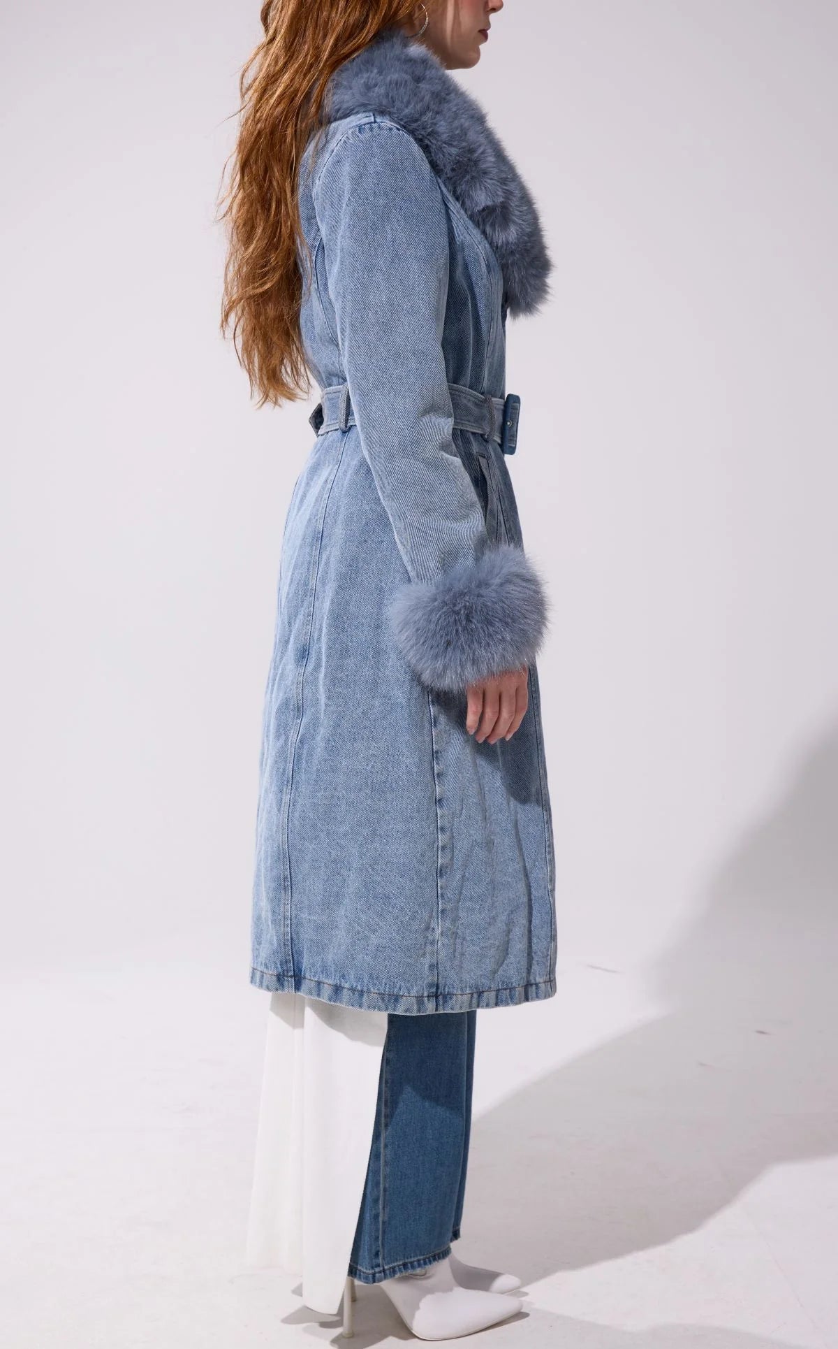 Kaya Denim Faux Fur Trench Coat