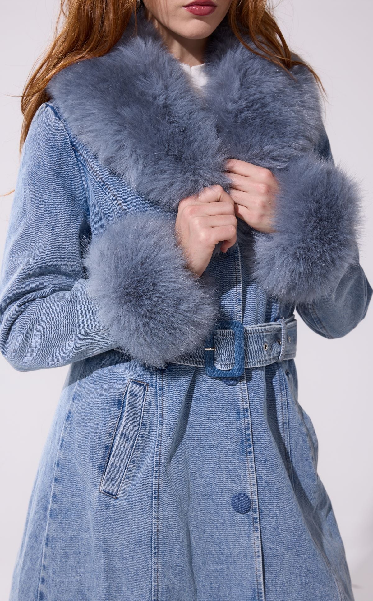 Kaya Denim Faux Fur Trench Coat