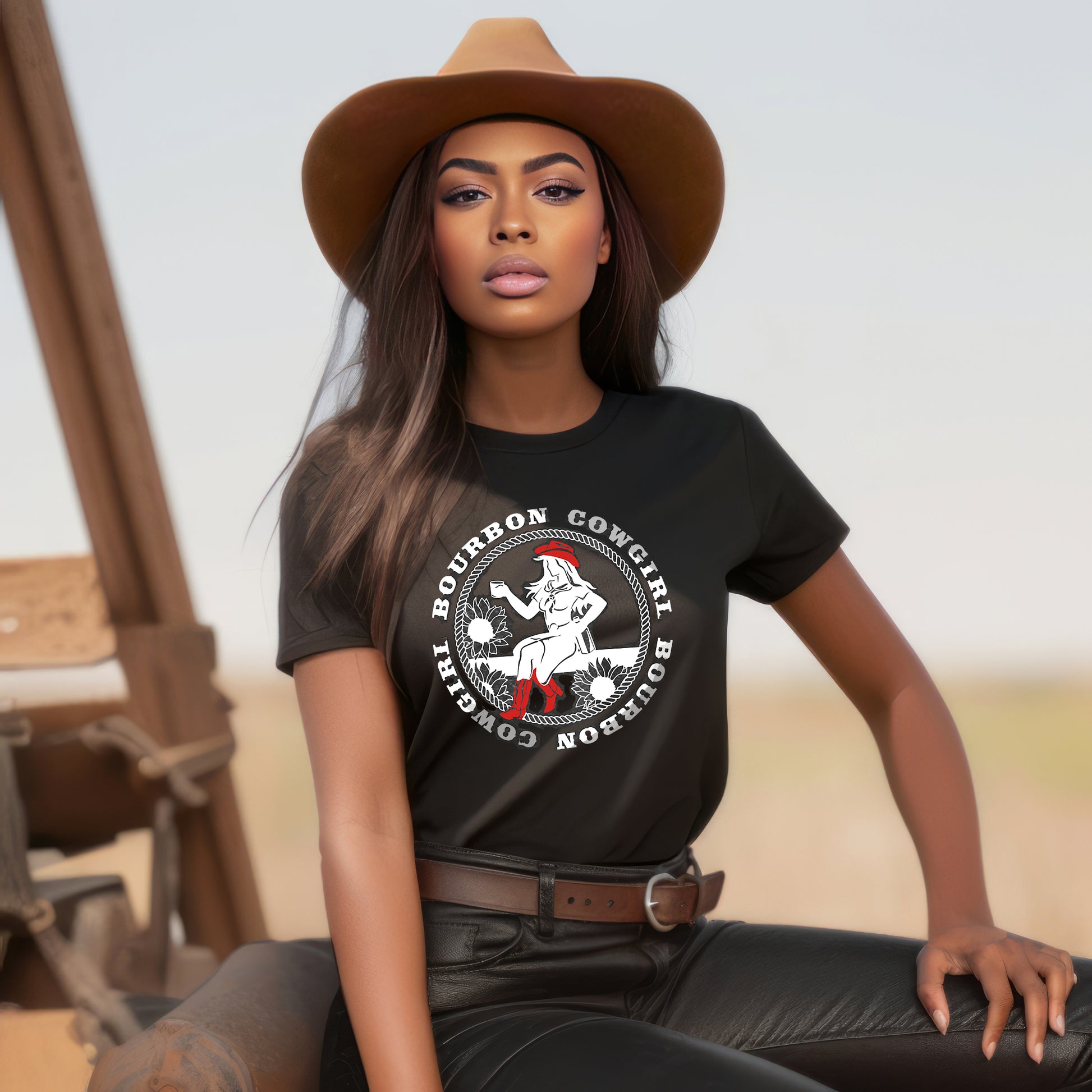 Black woman wearing a Bourbon Cowgirl t-shirt.