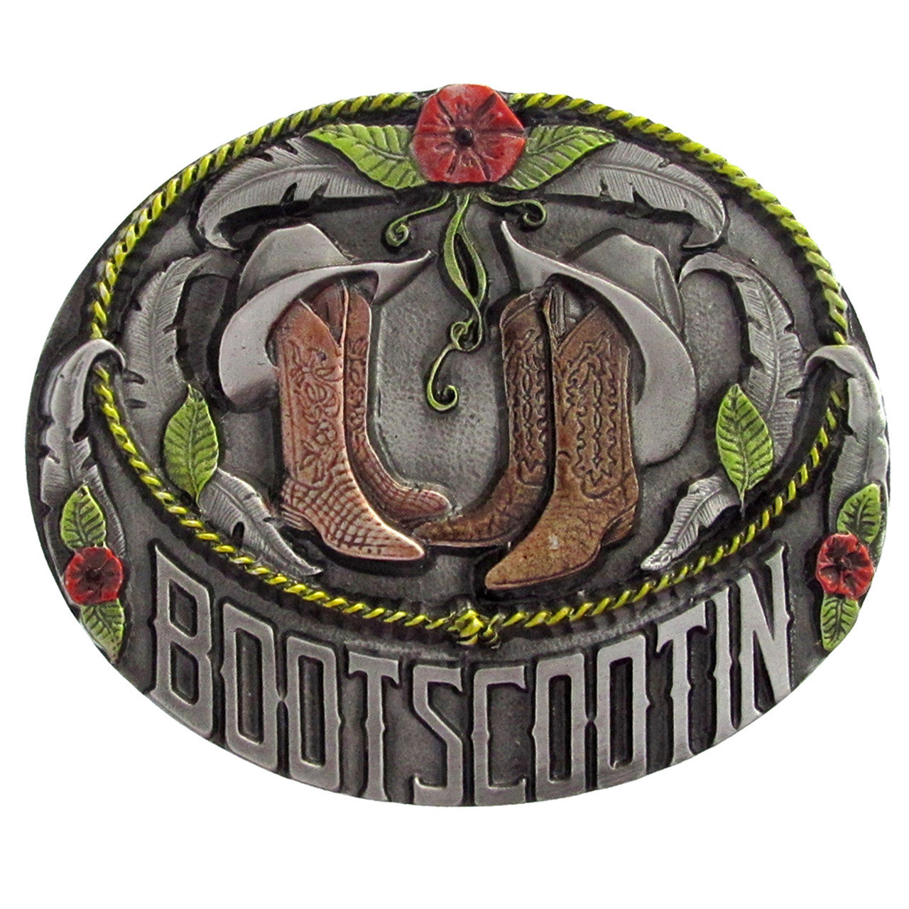 Bootscootin belt buckle with cowboy boots and hats