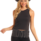 Woman in black fringe top and cowboy hat