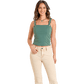 Green tank top and tan pants outfit