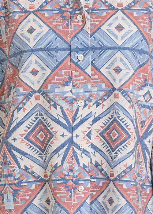 Button-up shirt with geometric tribal pattern