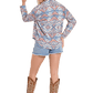 Woman in denim shorts, patterned shirt & cowboy boots, BW52T08104---C