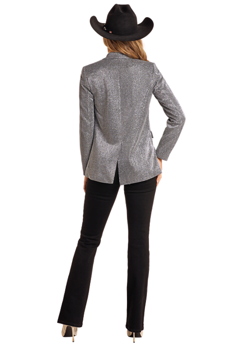 Woman in silver blazer and black pants, BW96T05280