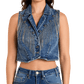 Woman wearing denim vest with fringe.
