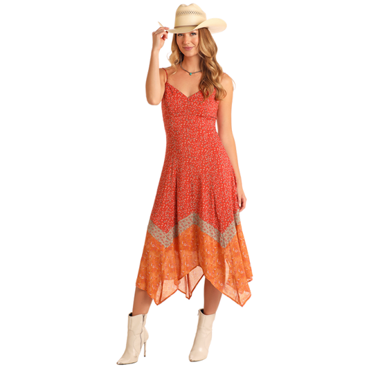Cowgirl in floral dress and hat, BWD0R05891