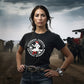 Bourbon Cowgirl model wearing logo tee on farm.