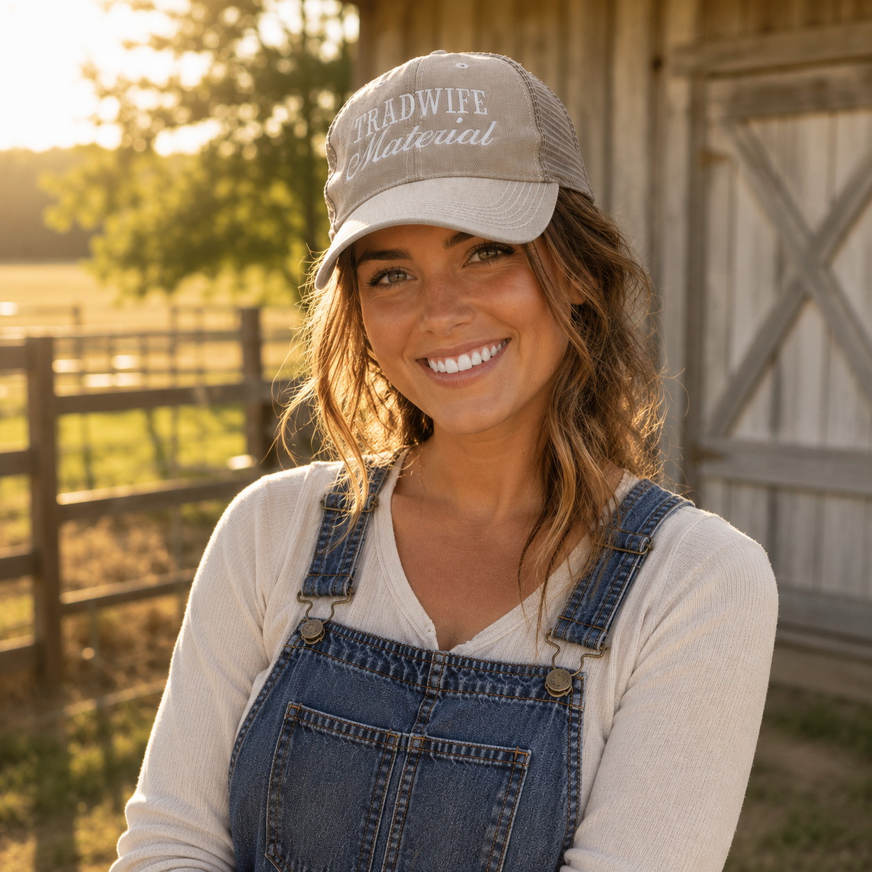 Tradwife Material Grey Embroidered Trucker Hat