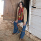 Woman in denim and scarf poses, DSC_2414