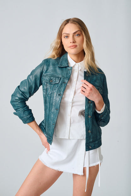 Jessie RF Leather Jacket, Teal