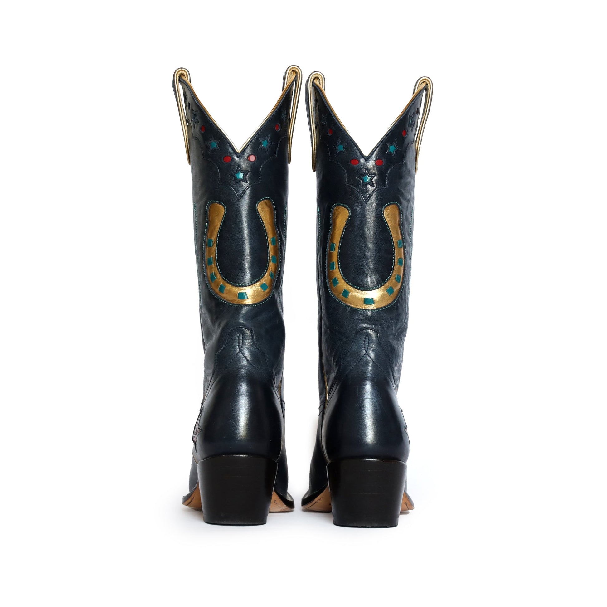 Dark blue cowboy boots with horseshoe design