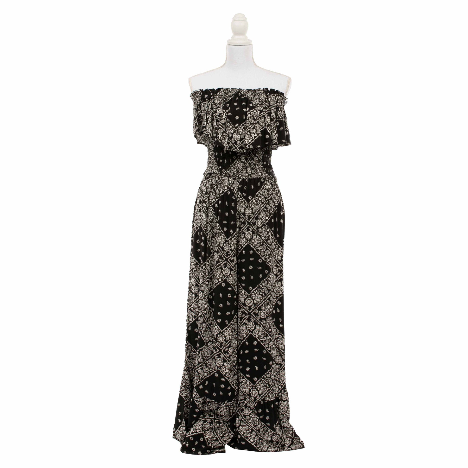 HC744-BLK black patterned strapless maxi dress