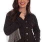 HC792-BLK Black Fringe Denim Jacket on woman