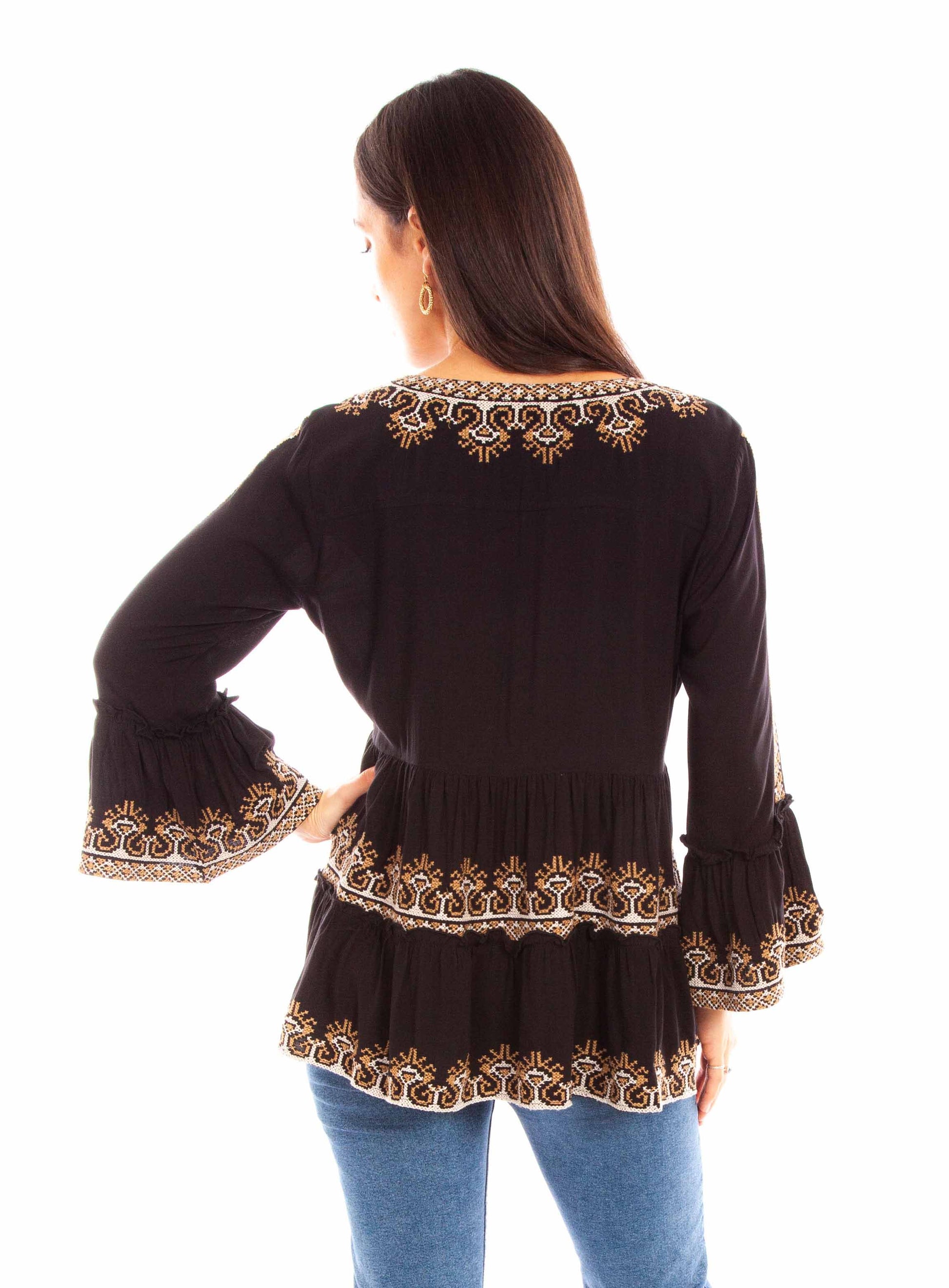 HC882-BLK-BK Black embroidered top with bell sleeves.