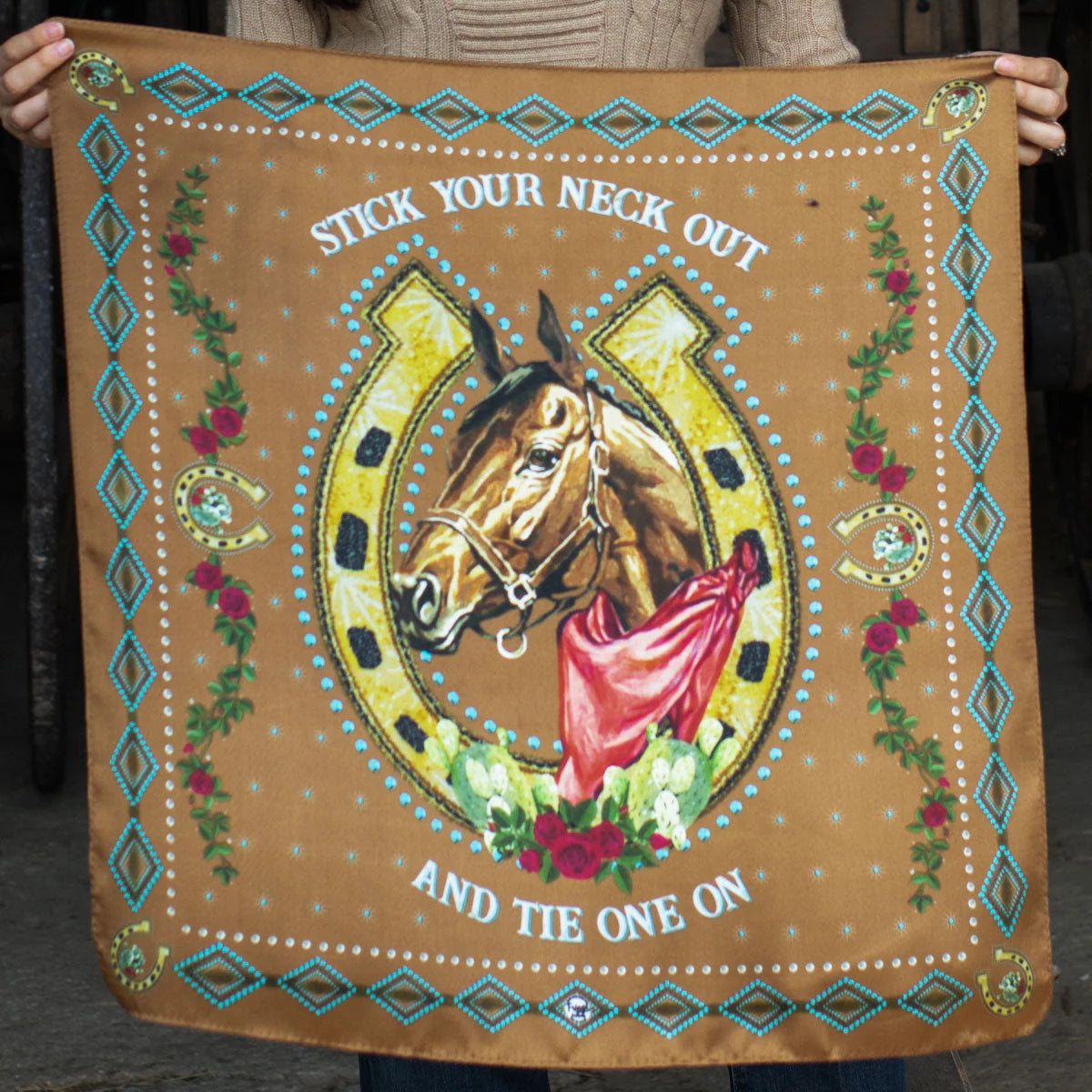 Vintage western wild rag scarf with horse and horseshoe design