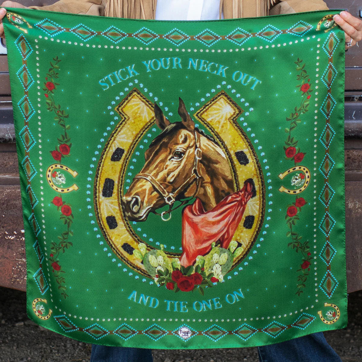 Green vintage western scarf with horse graphic