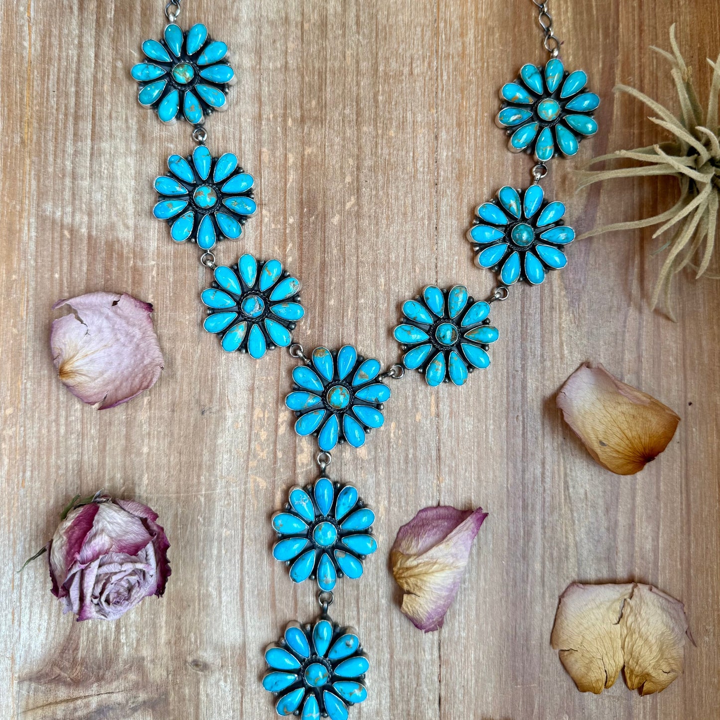 Sterling Silver Kingman Turquoise Flower Lariat Necklace – 25 Inch + 5½ Inch Drop – Native Made by A. Spencer – USA Made