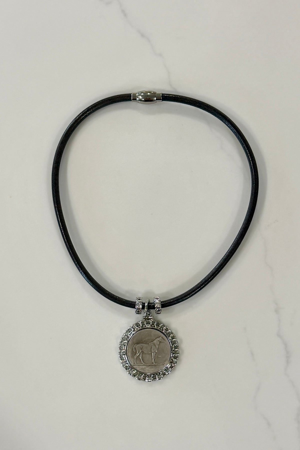 Grey Leather Necklace with Silver Horse  by Michele Busch