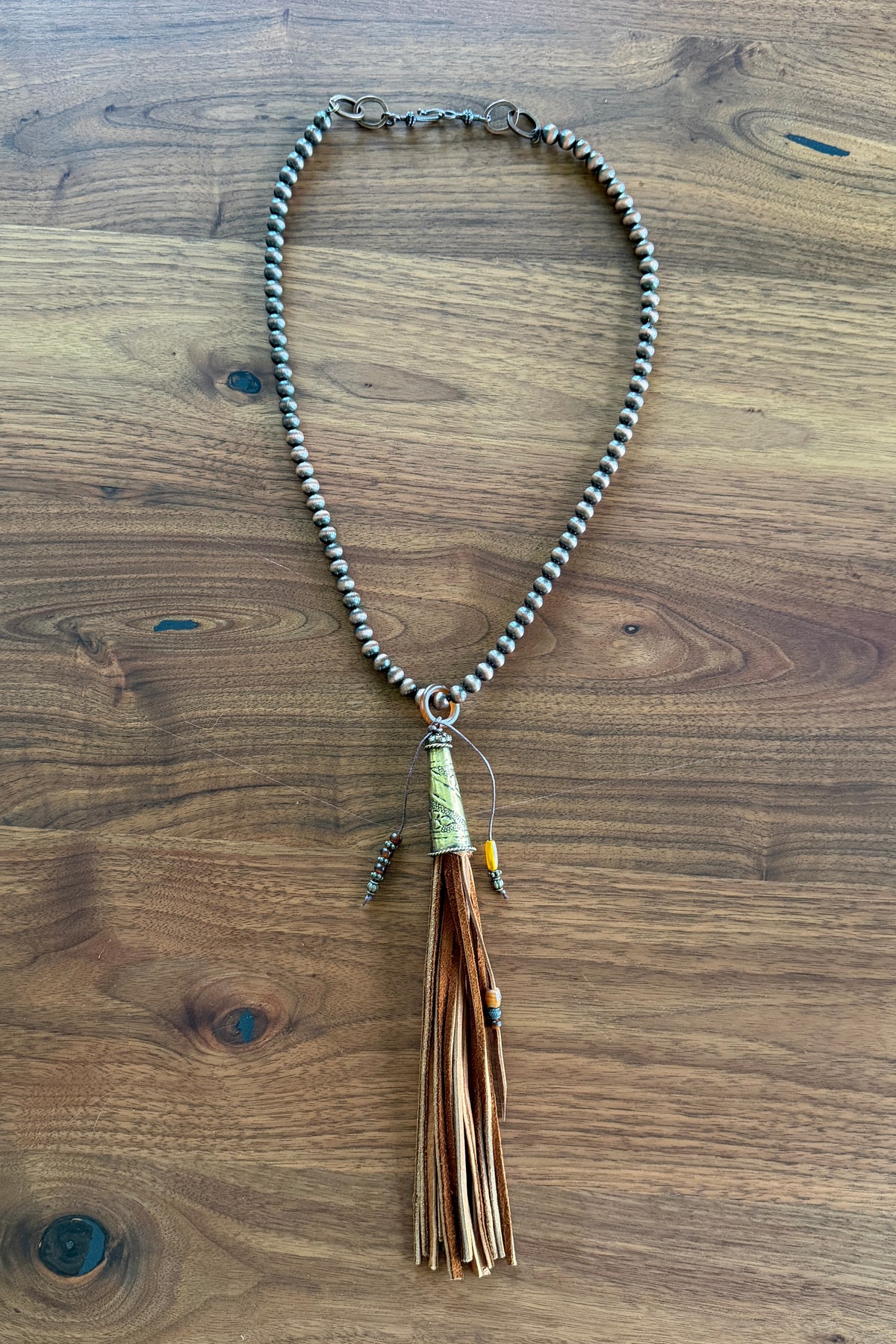 Tan Deersuede Fringe on Copper Pearl Necklace by Amy Kaplan