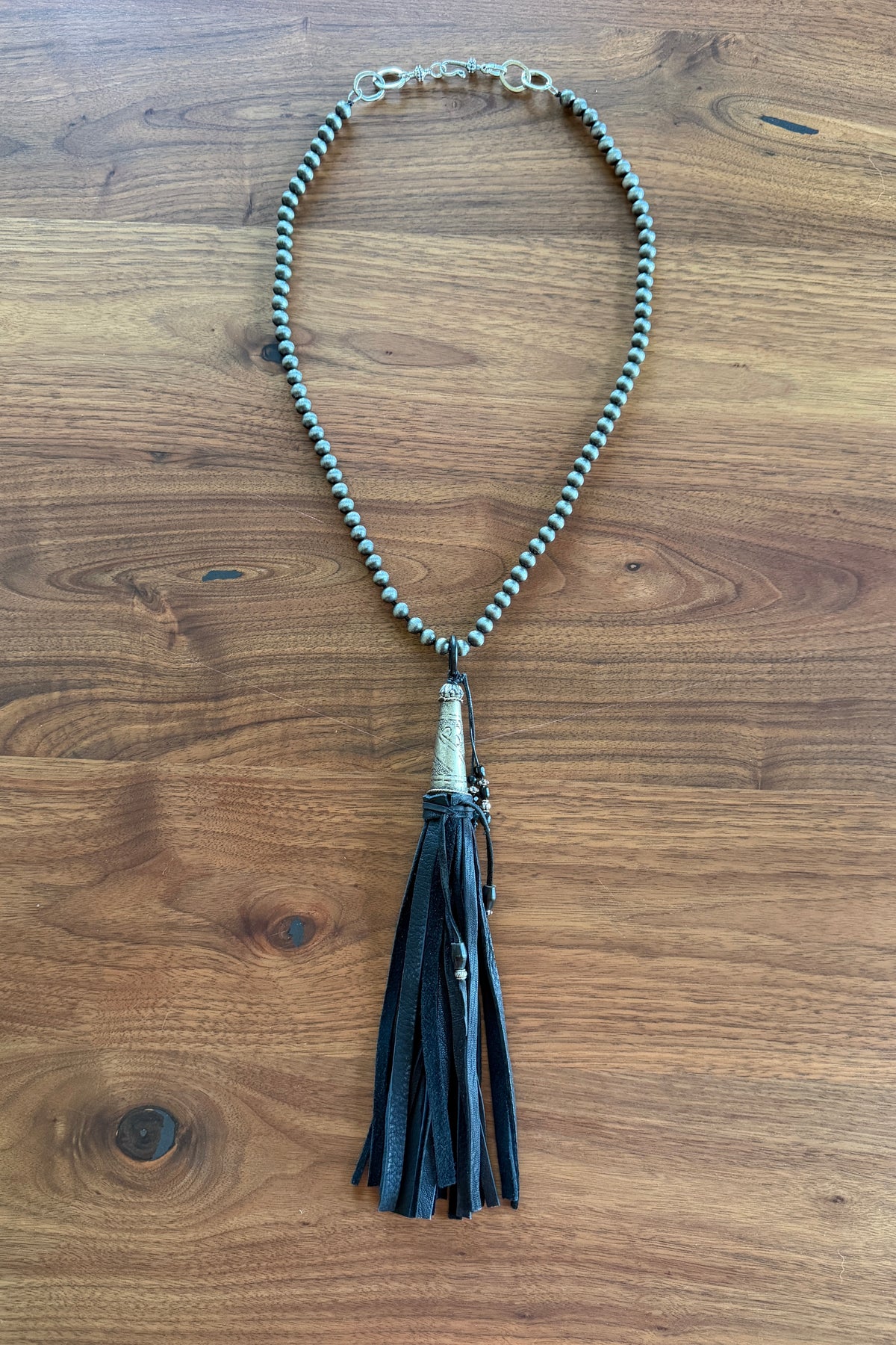 Black Deersuede Fringe on Silver Pearl Necklace by Amy Kaplan