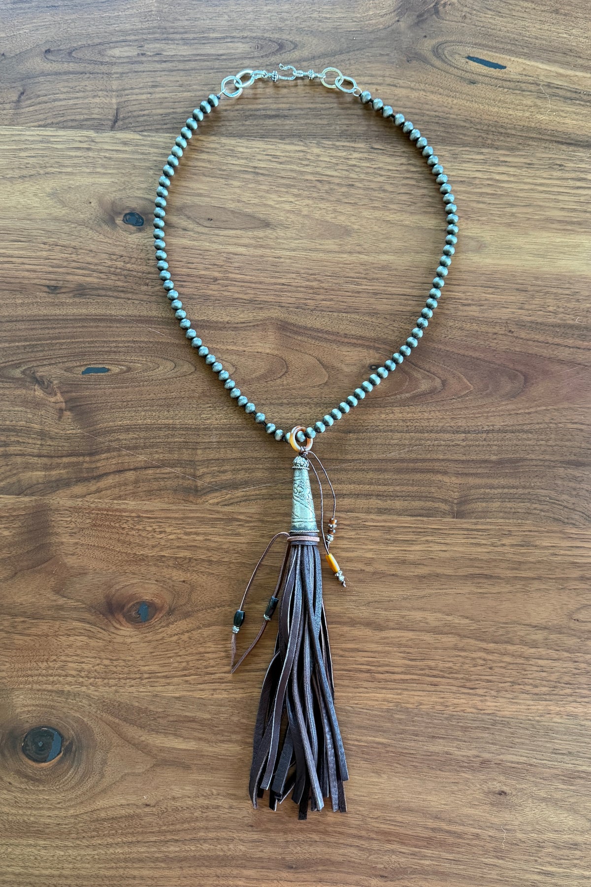 Dark Brown Deersuede Fringe on Silver Pearl Necklace by Amy Kaplan
