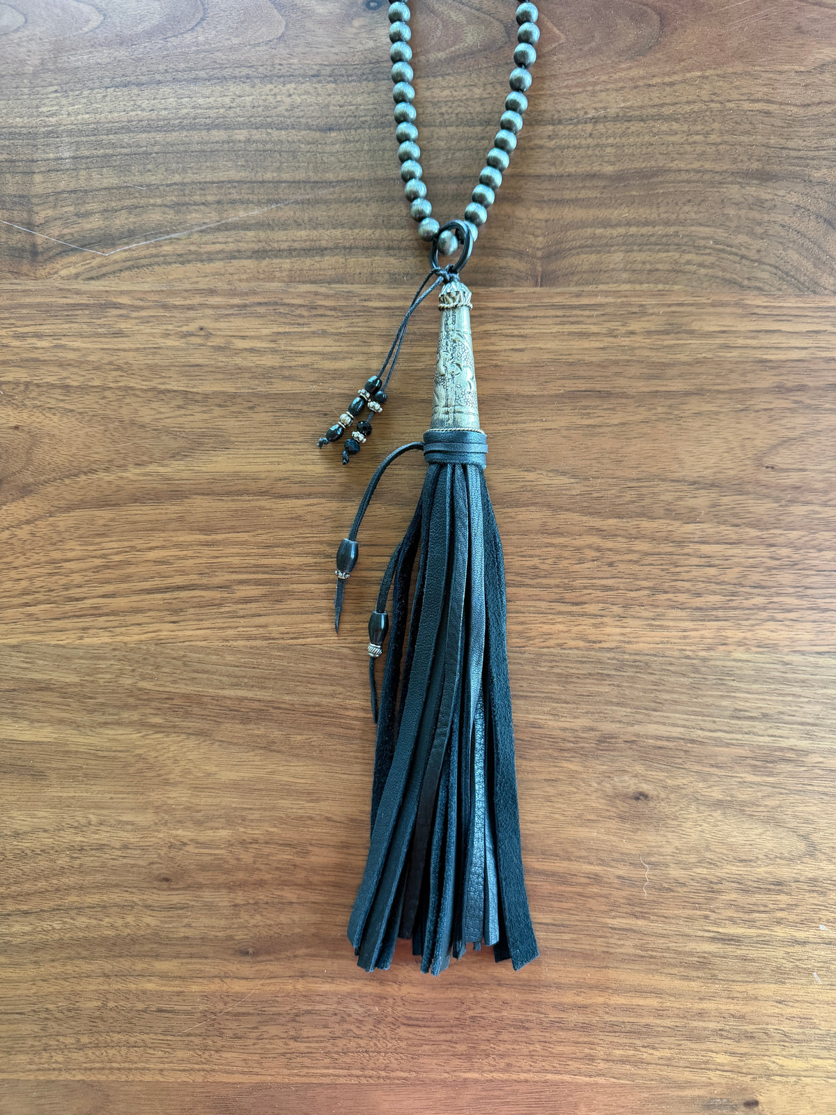 Black Deersuede Fringe on Silver Pearl Necklace by Amy Kaplan