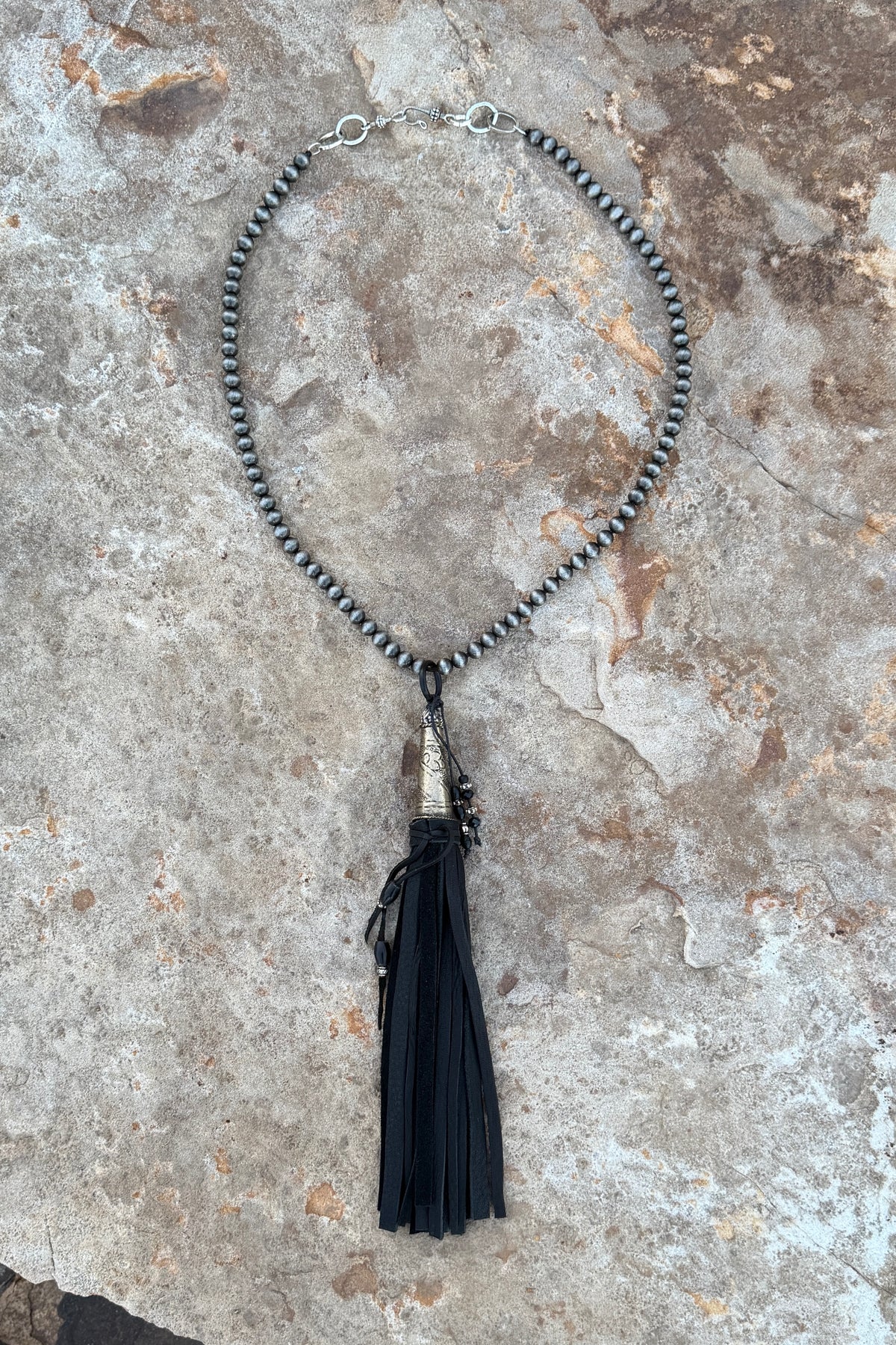Black Deersuede Fringe on Silver Pearl Necklace by Amy Kaplan